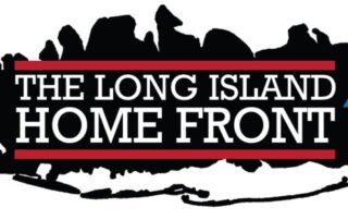 The words Long Island Home Front in white text against the shape of Long Island in black in the background.