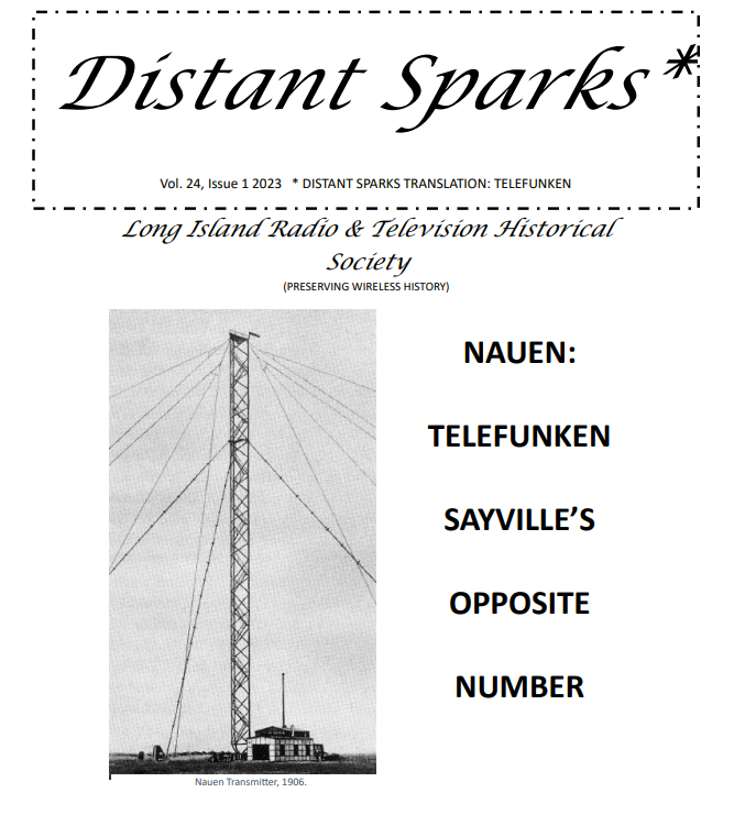 Front cover of Distant Sparks magazine featuring a black and white photo of a radio tower circa 1906.