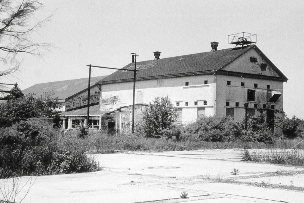 Old abandoned building in an overgrown lot.